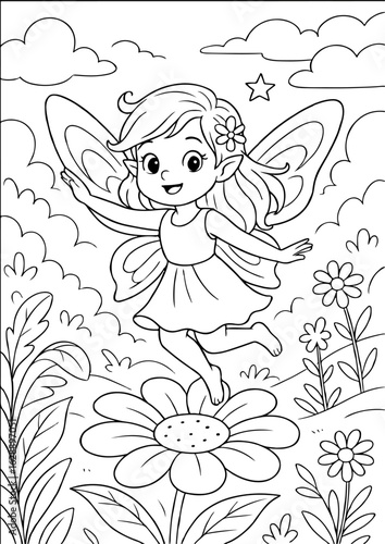 Black and white sketch of a cute fairy flying over flowers. Adorable cartoon style, perfect for fantasy-themed kids’ coloring pages.