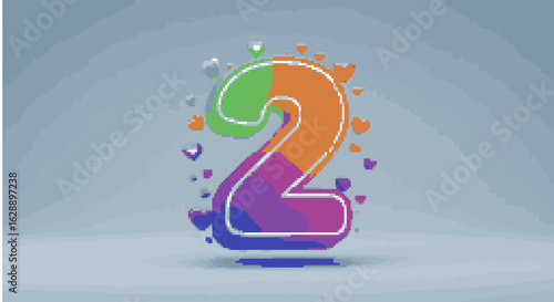 Colorful number two with a metallic silver outline surrounded by decorative hearts. Vector alpha numeric symbol for a second anniversary or birthday celebration.