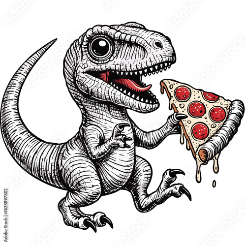 A illustration of a Velociraptor holding a pizza slice