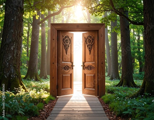 Wooden door in forest leading to light