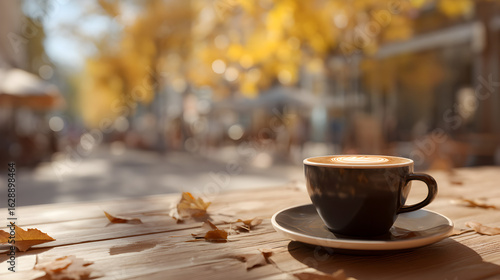 Autumn coffee break: A cup of latte art on a wooden table with fallen leaves. Cozy outdoor cafe scene.