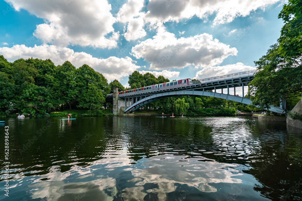 Fototapeta premium Summer in Hamburg: Reflective Waters Under a Bridge