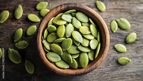 Wallpaper Mural Overhead shot displays fresh green pumpkin seeds filling a wooden bowl placed on a rustic wood surface. Torontodigital.ca
