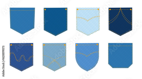 Set of 8 denim jeans back pockets in flat vector style. Styles classic V-shape, round-bottom, curved seam, decorative stitching, corner-cut pocket. Shades from light to dark blue with diagonal texture