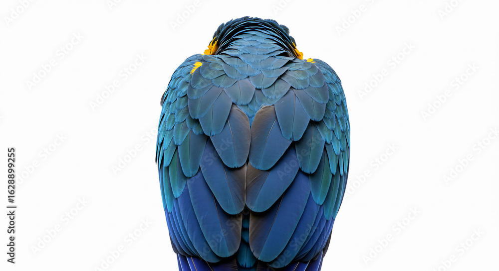 Obraz premium Blue-and-yellow macaw perched with detailed feathers and natural posture, isolated on white background.