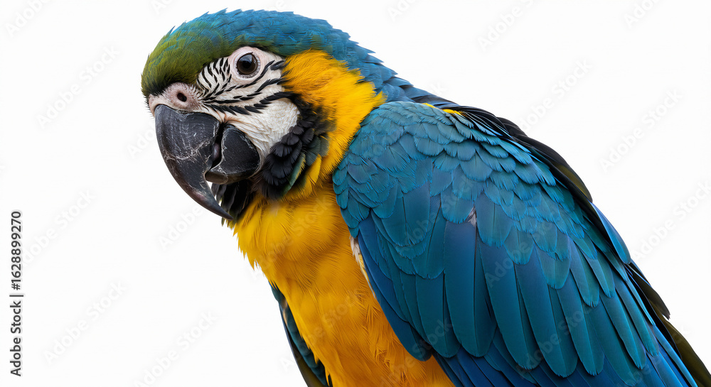 Fototapeta premium Blue-and-yellow macaw perched with detailed feathers and natural posture, isolated on white background.