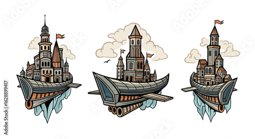 Fantasy flying cityscapes, whimsical steampunk vessels soaring among fluffy clouds
