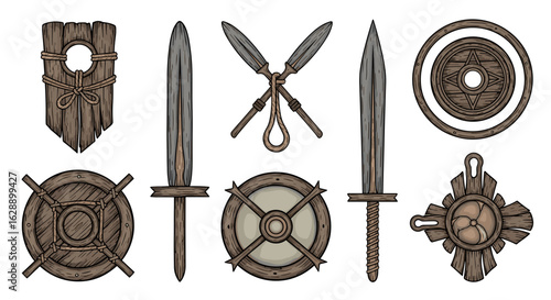 Handcrafted wooden weapons and shields display traditional Viking design.
