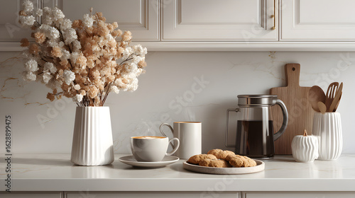 Warm kitchen counter arrangement with coffee, cookies, and decorative vase for a comforting, inviting scene.