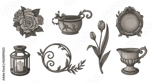 Elegant monochrome vector art showcasing floral arrangements and decorative objects.