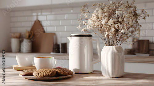 Breakfast still life with cookies, coffee, and flowers in a bright, inviting kitchen setting.
