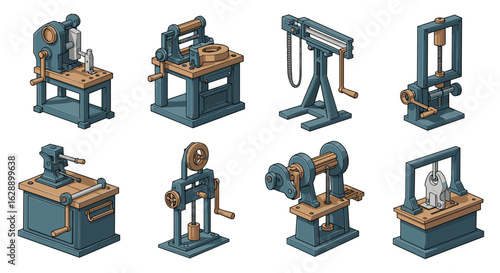 Isometric vintage machine collection with metalworking equipment in a retro style