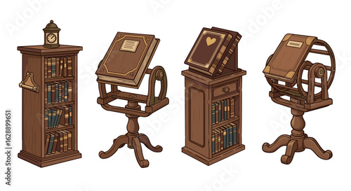 Whimsical antique bookcases and book stands with a vintage flair