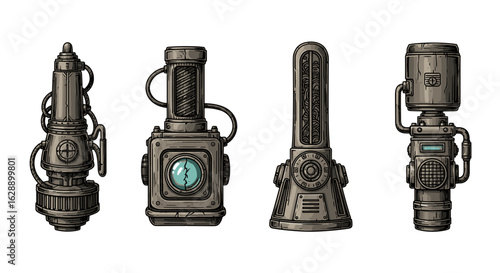 Steampunk mechanical devices collection in pixel art style over white