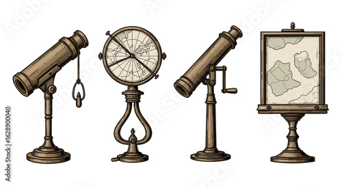 Antique Scientific Instruments Illustration: Telescopes, Astrolabe, and Map for Exploration