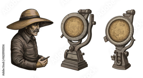 Detailed man with hat and archaic technology rendered digitally