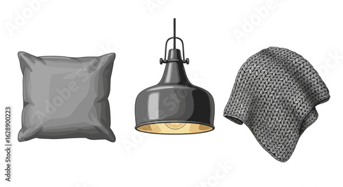 Gray pillow, industrial pendant lamp, and knitted blanket create cozy mood.
