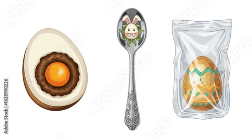 Easter egg variety: chocolate, spoon decoration and wrapped golden treat.