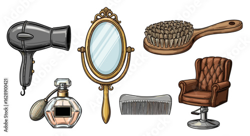 Vintage beauty salon tools and furniture for elegant makeover sessions.