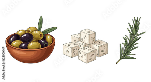 Mediterranean flavors: Olives, feta cheese, and rosemary illustration on white