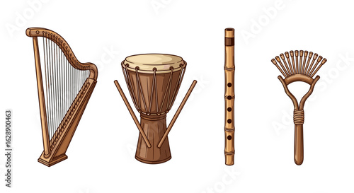 Harmonious collection of stringed, percussion, and wind instruments illustrated digitally