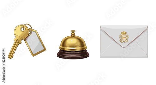 Hotel amenities display: Key, bell, and envelope against white backdrop