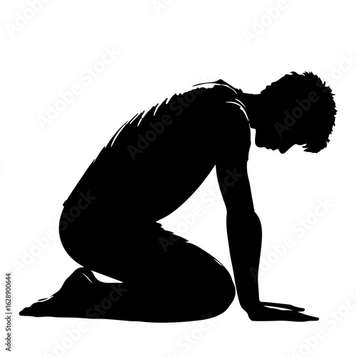 Silhouette of a man bending forward, kneeling, in a yoga pose, supporting himself with his hands