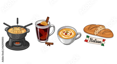 Delicious winter cuisine set with cheese fondue, mulled wine, soup and bread