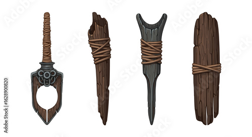Various wooden primitive tools on a white background for reference.