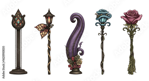 Whimsical collection of ornate, fantastical staffs, perfect for games and illustration