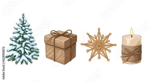 Winter Holiday Still Life: Christmas Tree, Present, Snowflake, and Candle