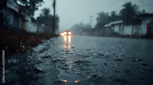 Rainy street with car lights reflecting on the wet asphalt during a storm