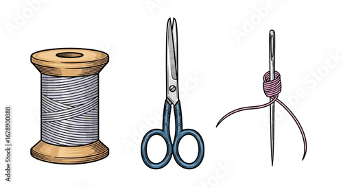 Vintage Sewing Essentials: Spool of Thread, Scissors, and Needle
