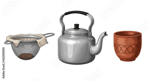 Vintage tea preparation: Tea strainer, kettle, and rustic earthenware mug