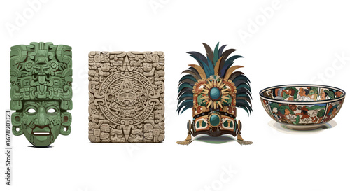 Ancient cultural artifacts isolated on white background showcasing historical craftsmanship.