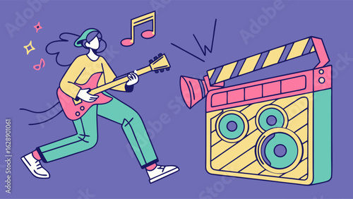 A Person Playing Guitar with a Retro Boombox.