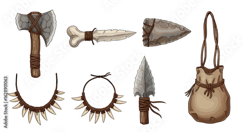 Prehistoric tools and accessories set against a white background, illustration.