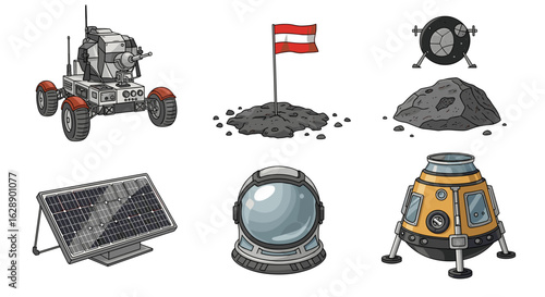 Lunar mission elements featuring rover, flag, module and astronaut helmet illustration
