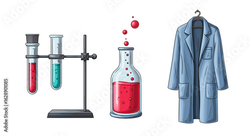 Illustrated chemistry lab equipment in a clean scientific research setting.