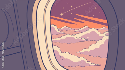 Airplane Window View of Colorful Clouds at Sunset.