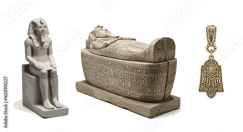 Egyptian artifacts showcasing ancient history, including statue, sarcophagus and golden pendant