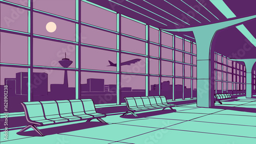 Airport Waiting Area at Dusk with City View.