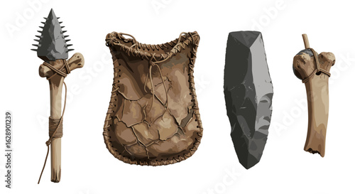 Prehistoric artifacts display: spear, pouch, blade, and bone tools for survival