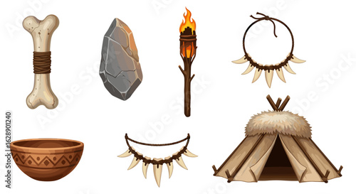 Stone Age elements collection illustrating caveman life and era assets
