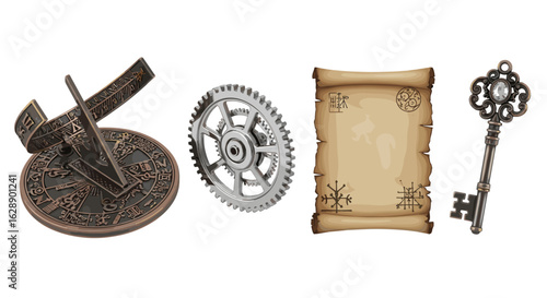 Steampunk themed elements: gear, sundial, antique key, and parchment scroll