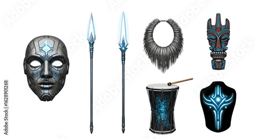 Tribal artifacts and ceremonial objects display a magical and ancestral aesthetic.