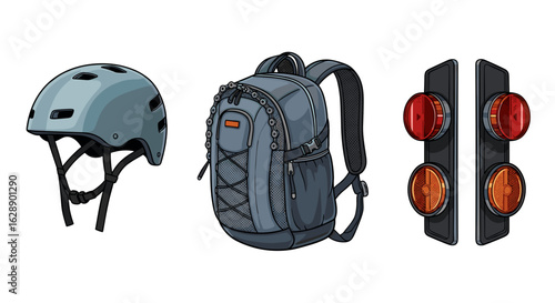 Cyclist's Essential Equipment: A Helmet, Backpack, and Safety Lights