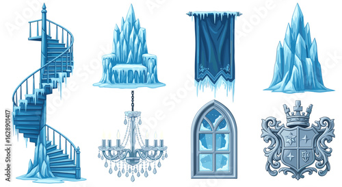 Frozen fantasy castle elements: spiral staircase, throne, banner, chandelier, window, coat of arms