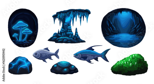 Enchanting Underwater Environment with Glowing Fungi, Fish, and Caverns