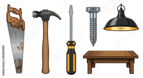 Assortment of carpentry and home repair tools and a table lamp.